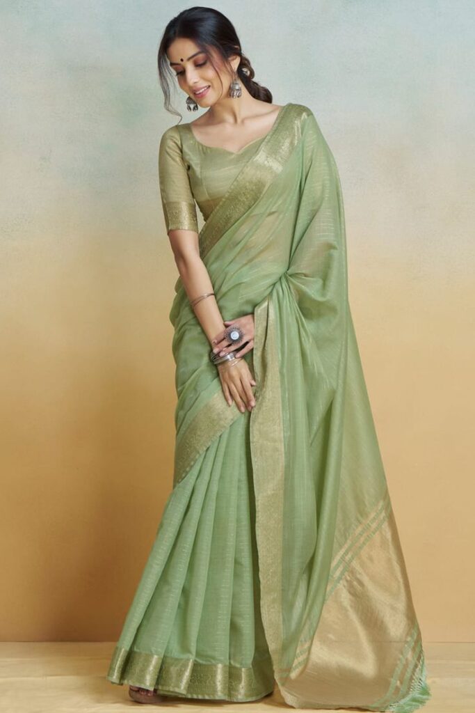 Simple sarees for women pistachio green silk light weight woven zari saree